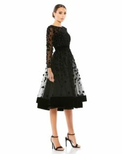 Embellished Illusion High Neck Long Sleeve Fit & Flare -Women's Skirt 67007 BLK 4 WS