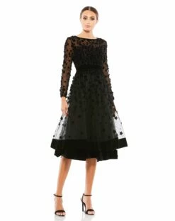 Embellished Illusion High Neck Long Sleeve Fit & Flare -Women's Skirt 67007 BLK Default 1 WS