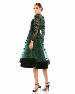 Embellished Illusion High Neck Long Sleeve Fit & Flare -Women's Skirt 67007 EME 2 WS