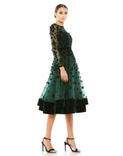 Embellished Illusion High Neck Long Sleeve Fit & Flare -Women's Skirt 67007 EME 4 WS