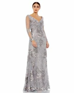 Embellished V Neck Illusion Long Sleeve Gown -Women's Skirt 67539 Platinum AB