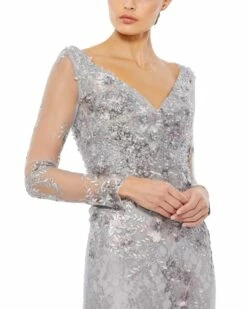 Embellished V Neck Illusion Long Sleeve Gown -Women's Skirt 67539 Platinum CL