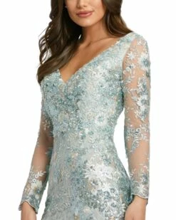 Embellished V Neck Illusion Long Sleeve Gown -Women's Skirt 67539 Seamist CL