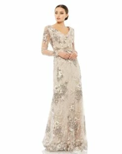 Embellished V Neck Illusion Long Sleeve Gown -Women's Skirt 67539 Taupe AB 1