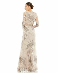 Embellished V Neck Illusion Long Sleeve Gown -Women's Skirt 67539 Taupe BK 1