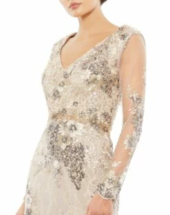 Embellished V Neck Illusion Long Sleeve Gown -Women's Skirt 67539 Taupe CL 1