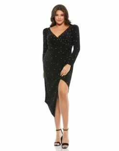 Rhinestone Embellished Faux Wrap Jersey Dress (Plus)