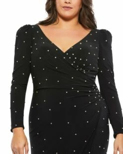 Rhinestone Embellished Faux Wrap Jersey Dress (Plus) 7 Rhinestone Embellished Faux Wrap Jersey Dress (Plus) -Women's Skirt 67731 Black CL