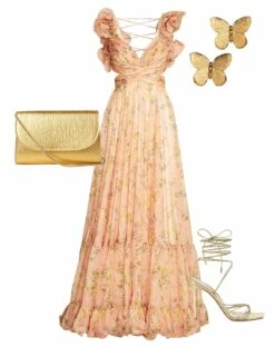 Ruffle Tiered Floral Cut-Out Chiffon Gown 15 Ruffle Tiered Floral Cut-Out Chiffon Gown -Women's Skirt 67803 G Multi Pink S