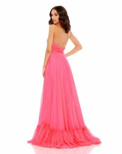 High Neck Tiered Chiffon Halter Gown -Women's Skirt 67816 HotPink BK