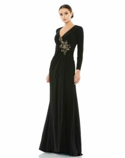 Faux Wrap Long Sleeve Gown W/ Appliqué Detail -Women's Skirt 67848 Black AB