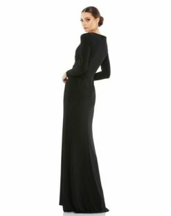 Faux Wrap Long Sleeve Gown W/ Appliqué Detail -Women's Skirt 67848 Black BK