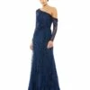 Draped Jewel Encrusted Lace Drop Shoulder Gown 1 Draped Jewel Encrusted Lace Drop Shoulder Gown -Women's Skirt 67852 Navy AB