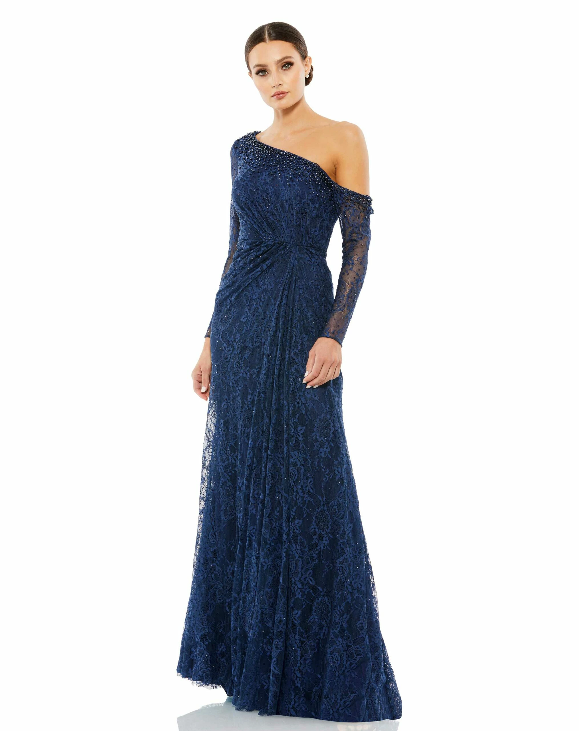 Draped Jewel Encrusted Lace Drop Shoulder Gown 3 Draped Jewel Encrusted Lace Drop Shoulder Gown