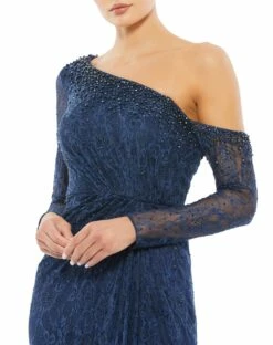 Draped Jewel Encrusted Lace Drop Shoulder Gown 7 Draped Jewel Encrusted Lace Drop Shoulder Gown -Women's Skirt 67852 Navy CL