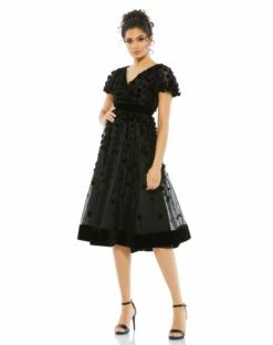 Embellished Butterfly Sleeve Velvet Hem Midi Dress -Women's Skirt 67854 Black AB
