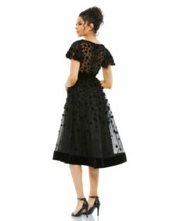Embellished Butterfly Sleeve Velvet Hem Midi Dress -Women's Skirt 67854 Black BK