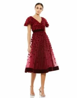 Embellished Butterfly Sleeve Velvet Hem Midi Dress -Women's Skirt 67854 Burgundy AB