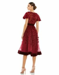 Embellished Butterfly Sleeve Velvet Hem Midi Dress -Women's Skirt 67854 Burgundy BK