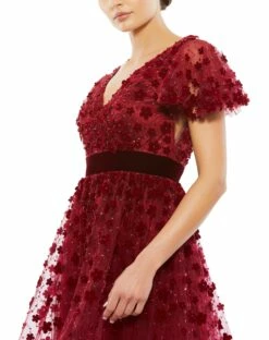 Embellished Butterfly Sleeve Velvet Hem Midi Dress -Women's Skirt 67854 Burgundy CL