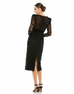 Embellished V Neck Illusion Long Sleeve Column Midi -Women's Skirt 67856 Black BK