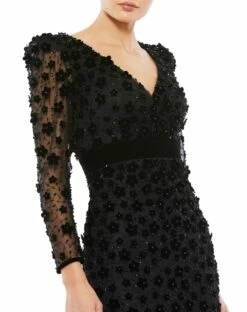 Embellished V Neck Illusion Long Sleeve Column Midi -Women's Skirt 67856 Black CL