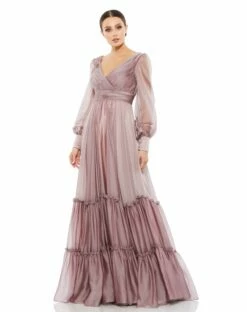 Faux Wrap Long Sleeve Tiered Gown