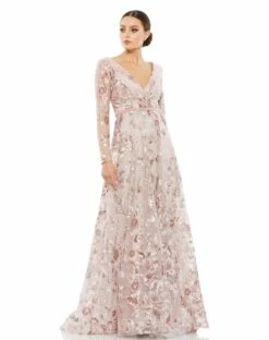 Embellished V Neck Illusion Long Sleeve A Line Gown -Women's Skirt 67869 Rose AB