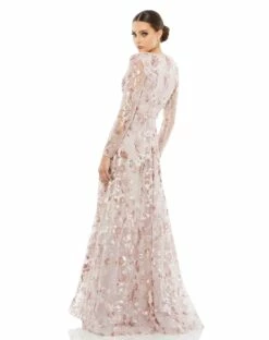 Embellished V Neck Illusion Long Sleeve A Line Gown -Women's Skirt 67869 Rose BK