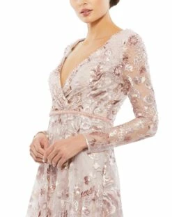 Embellished V Neck Illusion Long Sleeve A Line Gown -Women's Skirt 67869 Rose CL
