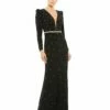 Belted Jewel Encrusted Plunge Neck Long Sleeve Gown -Women's Skirt 67874 BSI Default 1 WS