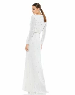Belted Jewel Encrusted Plunge Neck Long Sleeve Gown -Women's Skirt 67874 WHT 2 WS