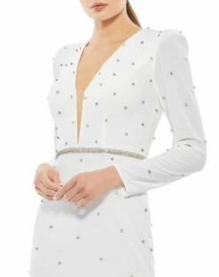 Belted Jewel Encrusted Plunge Neck Long Sleeve Gown -Women's Skirt 67874 WHT 3 WS