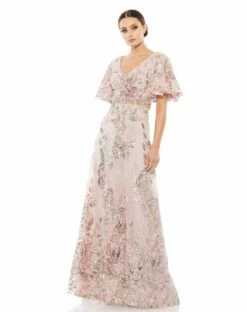 Floral Embellished Short Sleeve Gown