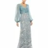 Illusion Puff Sleeve Pleated Bodice Embellished Gown -Women's Skirt 67886 SlateBlue AB