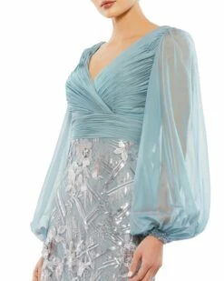 Illusion Puff Sleeve Pleated Bodice Embellished Gown -Women's Skirt 67886 SlateBlue CL