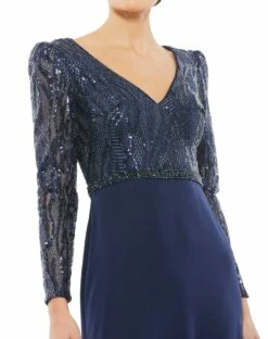 Embellished Long Sleeve Bodice Column Dress -Women's Skirt 67887 Midnight CL