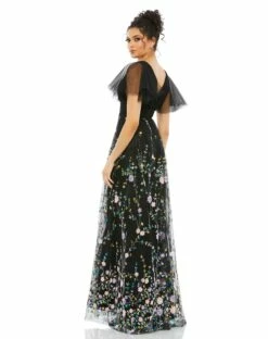 Embellished Illusion Butterfly Sleeve V Neck Gown -Women's Skirt 67889 BlackMulti BK