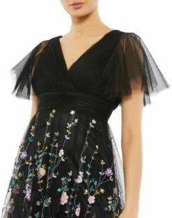 Embellished Illusion Butterfly Sleeve V Neck Gown -Women's Skirt 67889 BlackMulti CL