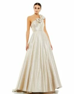 Bow One Shoulder Metallic Ballgown