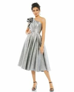 One Shoulder Bow Midi Dress -Women's Skirt 67906 Silver AB