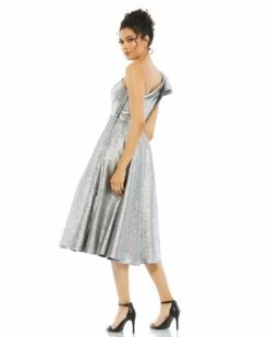 One Shoulder Bow Midi Dress -Women's Skirt 67906 Silver BK