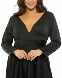 Satin Long Sleeve Sweetheart Flowy Midi Dress (Plus) -Women's Skirt 67907 Black CL