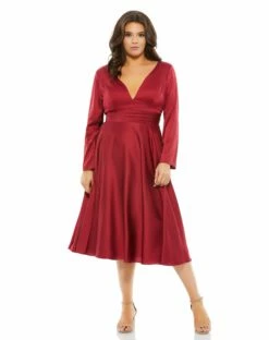 Satin Long Sleeve Sweetheart Flowy Midi Dress (Plus) -Women's Skirt 67907 Burgundy AB