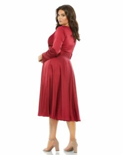 Satin Long Sleeve Sweetheart Flowy Midi Dress (Plus) -Women's Skirt 67907 Burgundy BK