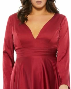 Satin Long Sleeve Sweetheart Flowy Midi Dress (Plus) -Women's Skirt 67907 Burgundy CL