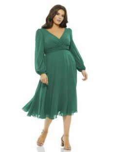 Chiffon Bishop Sleeve Dress Surplice Dress (Plus)