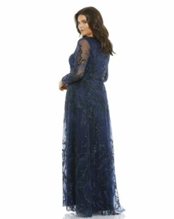 Embellished Illusion Long Sleeve V-Neck A-Line Gown (Plus) -Women's Skirt 67922 mid 2 ws