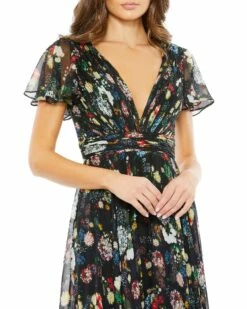 Floral Print Pleated Wrap Over Butterfly Sleeve Maxi Dress -Women's Skirt 67934 BlackMulti CL