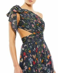 Tied One Shoulder Cut-Out Flowy Gown -Women's Skirt 67938 NavyMulti CL